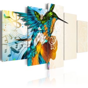 ARTGEIST Bird's music - Abstrakt bild av f&auml;rgglad kolibri tryckt p&aring; duk - Flera storlekar 100x50 - Artgeist