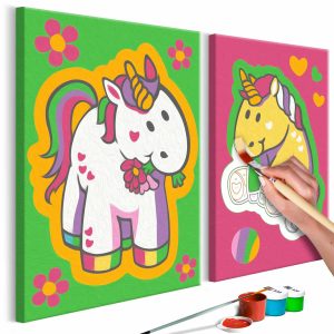 ARTGEIST DIY Unicorns Green &amp; Pink m&aring;lning - vit canvas