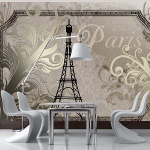 ARTGEIST Fototapet med Eiffeltornet och vintagem&ouml;nster i guldlook p&aring; ljus bakgrund - Artgeist
