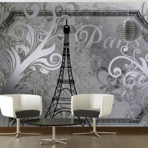 ARTGEIST Fototapet med Eiffeltornets illustration och grafiskt m&ouml;nster i silverlook - Artgeist
