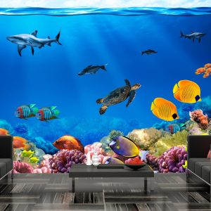 ARTGEIST Fototapet med motiv av tropiska fiskar och havsdjur i det bl&aring; havet - Artgeist