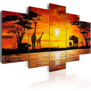 ARTGEIST Hot Safari - Djur p&aring; den afrikanska savannen i solnedg&aring;ngen tryckt p&aring; duk - Flera storlekar 100x50 - Artgeist