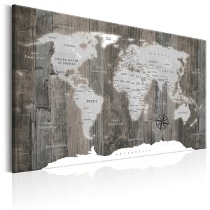 ARTGEIST World Map: Wooden World - V&auml;rldskarta med tr&auml;bakgrund tryckt p&aring; duk - Flera storlekar 60x40 - Artgeist
